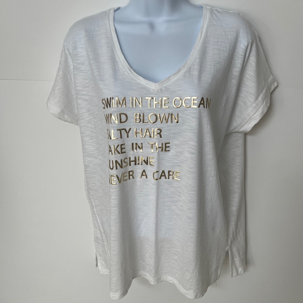 White House Black Market White V-Neck Tee with Gold Text